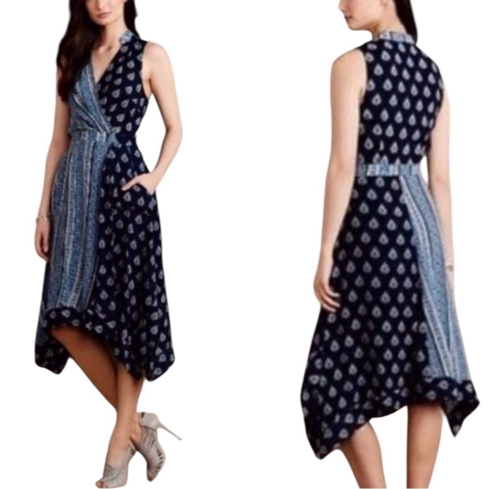 Anthropologie Maeve Eclipsed Midi Dress Stripe Paisley Mixed Print Blue Size 4 - Picture 1 of 12